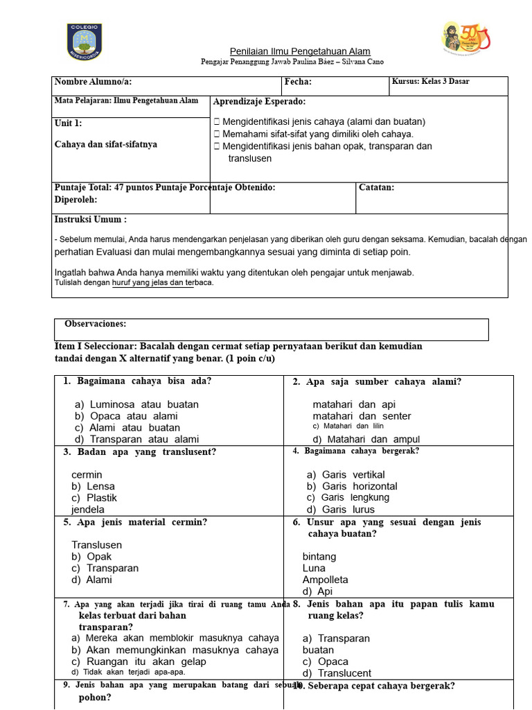 Penilaian Ilmu Pengetahuan Alam Kelas 3 | PDF