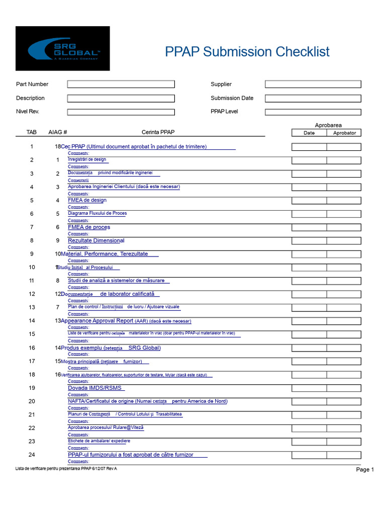 Lista de Verificare PPAP | PDF