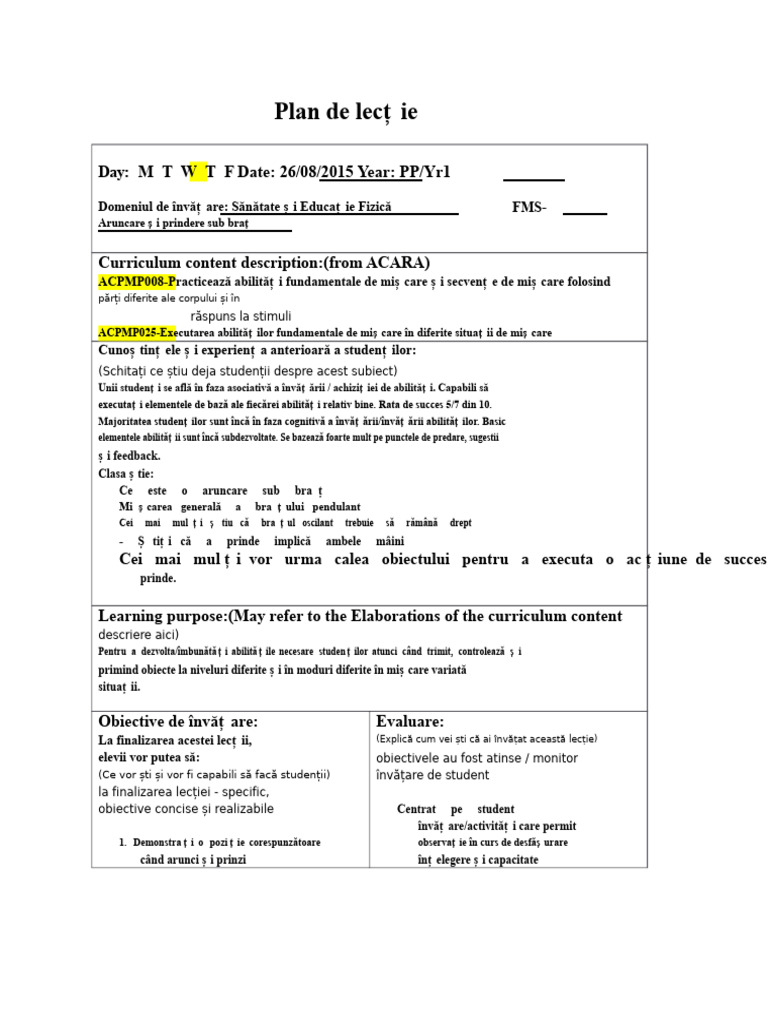 Plan de Lecție - Prindere Și Aruncare FMS | PDF