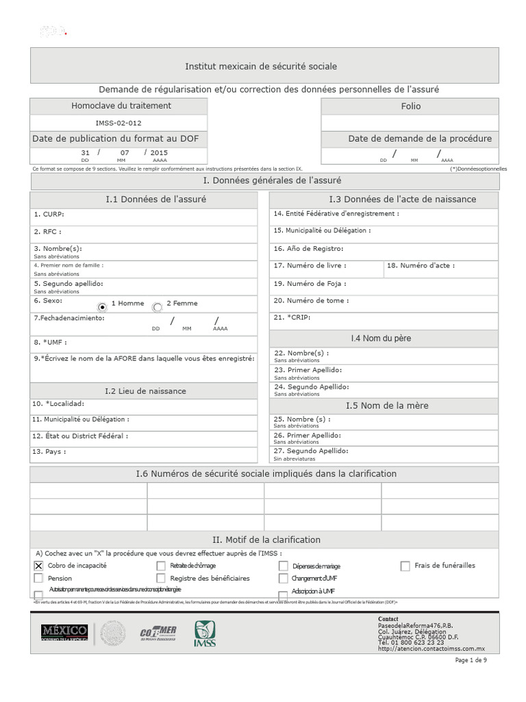 Demande de régularisation IMSS | PDF | Certificat de naissance | Sécurité