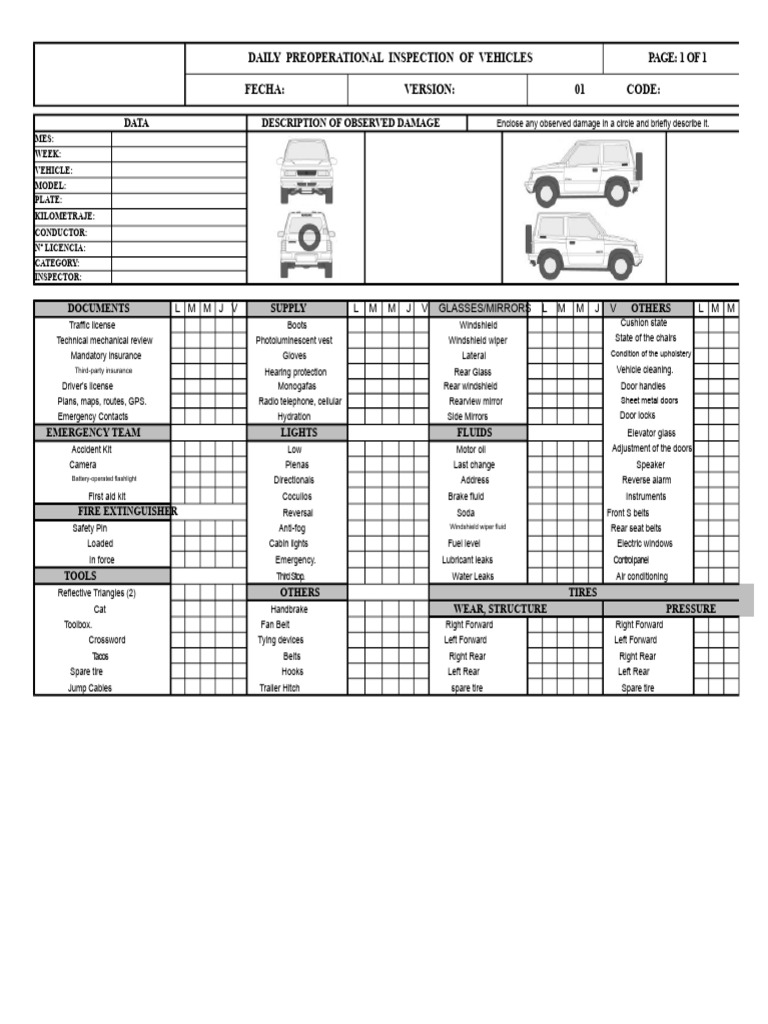 Daily Vehicle Preoperational Inspection Checklist | PDF | Vehicles | Tire
