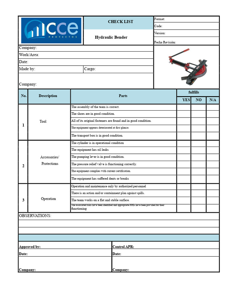 Hydraulic Bender Safety Checklist | PDF | Mechanical Engineering