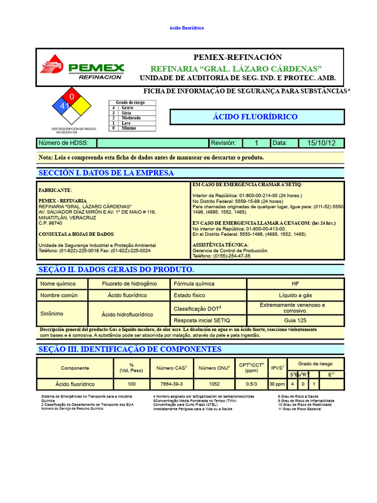 Ficha de Segurança do Ácido Fluorídrico | PDF | Incêndios | Combustão