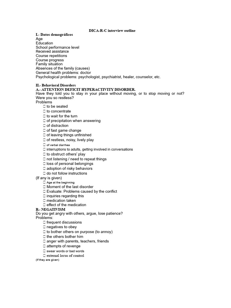 DICA-R-C Interview Outline for Behavioral Assessment | PDF | Mental ...