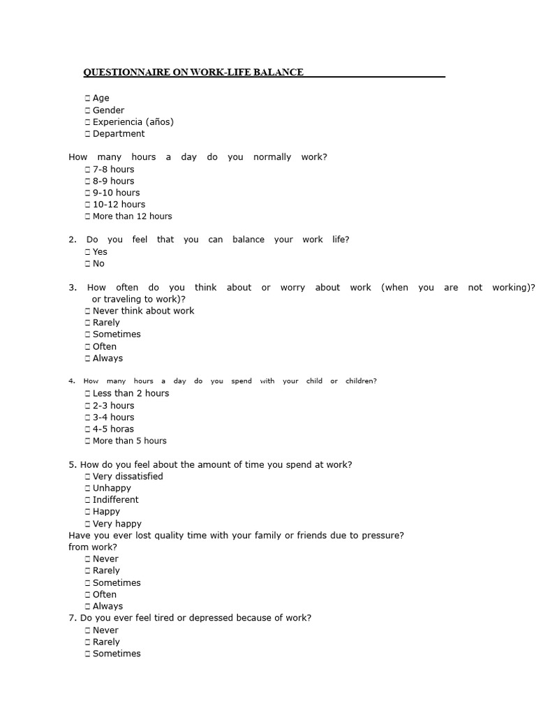 Work-Life Balance Questionnaire | PDF | Working Time | Workplace