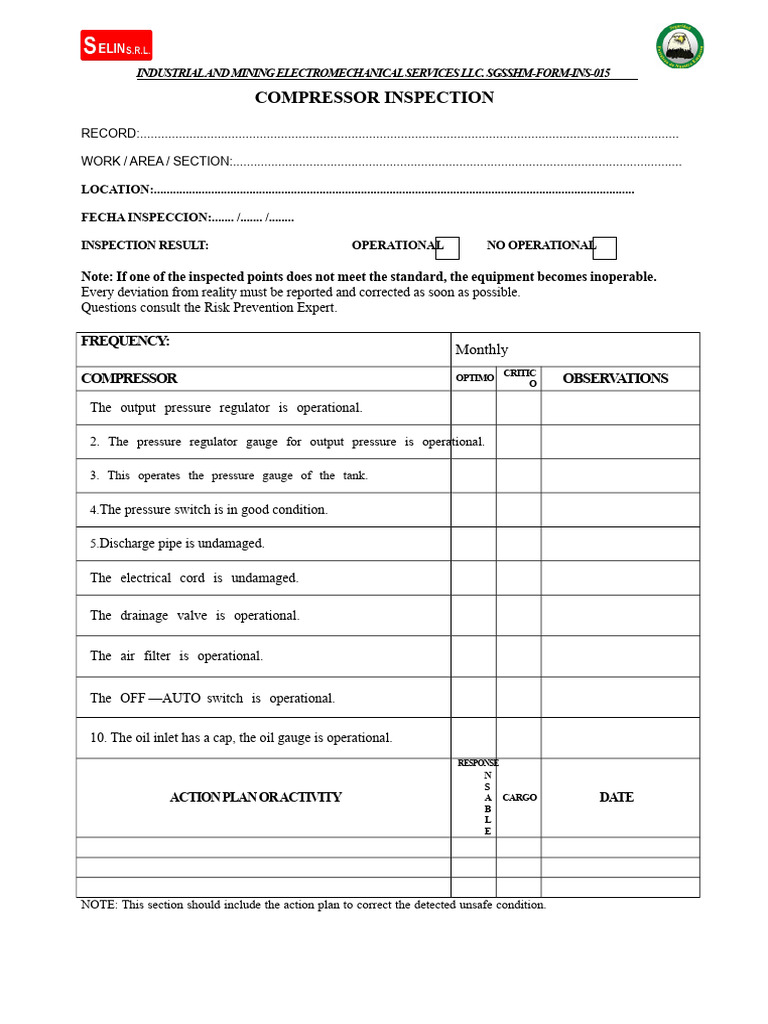 Compressor Inspection Format | PDF | Equipment | Gas Technologies