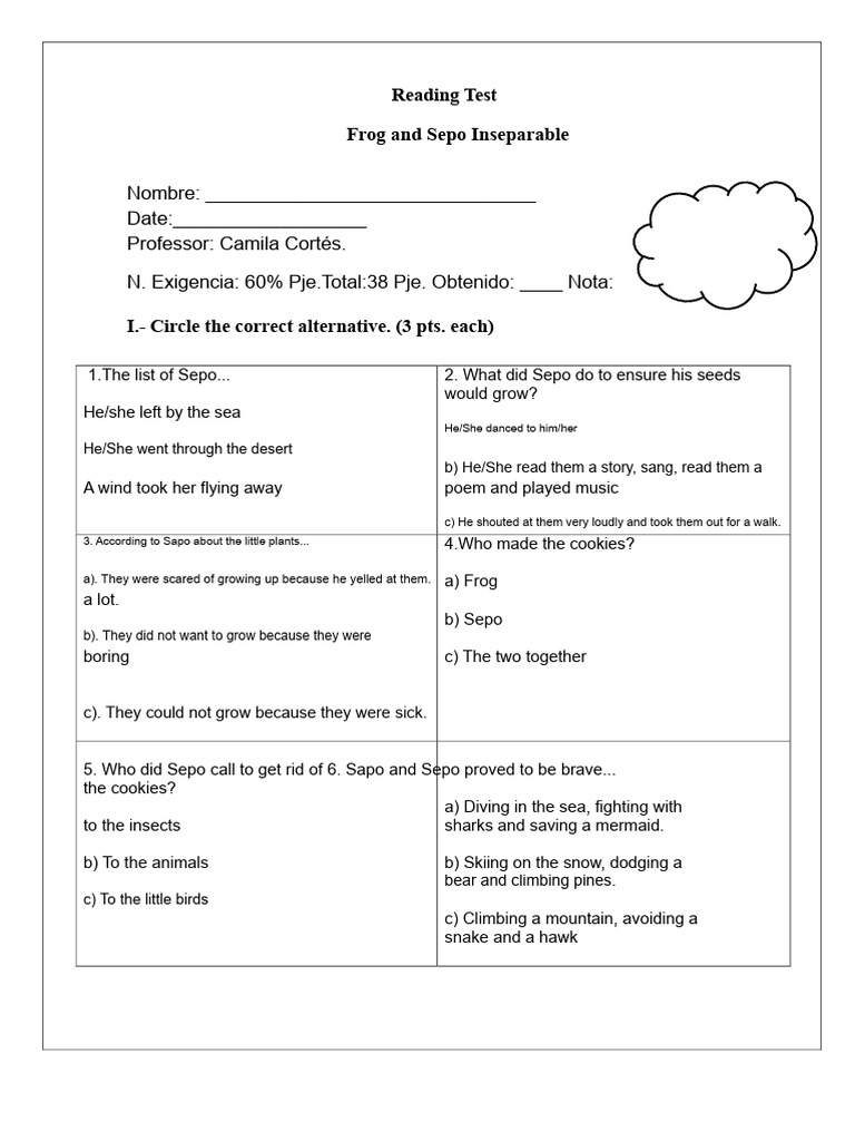 Reading Comprehension Test Frog and Sepo Inseparable | PDF