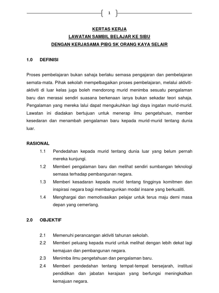 Kertas Kerja Lawatan Tahun 6 Pdf