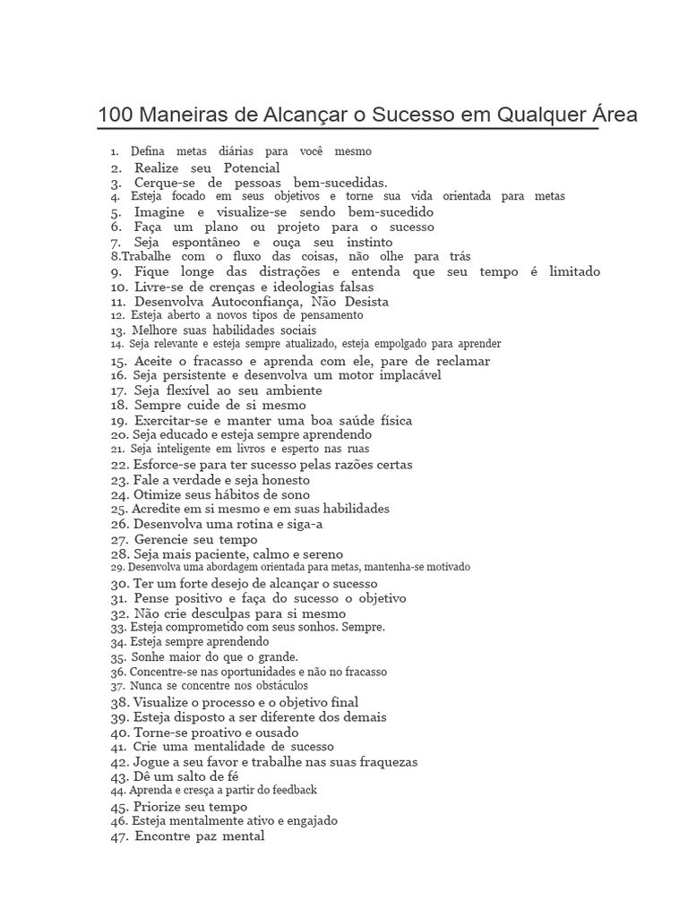 100 Dicas para Alcançar o Sucesso | PDF | Pensamento | Aprendizado