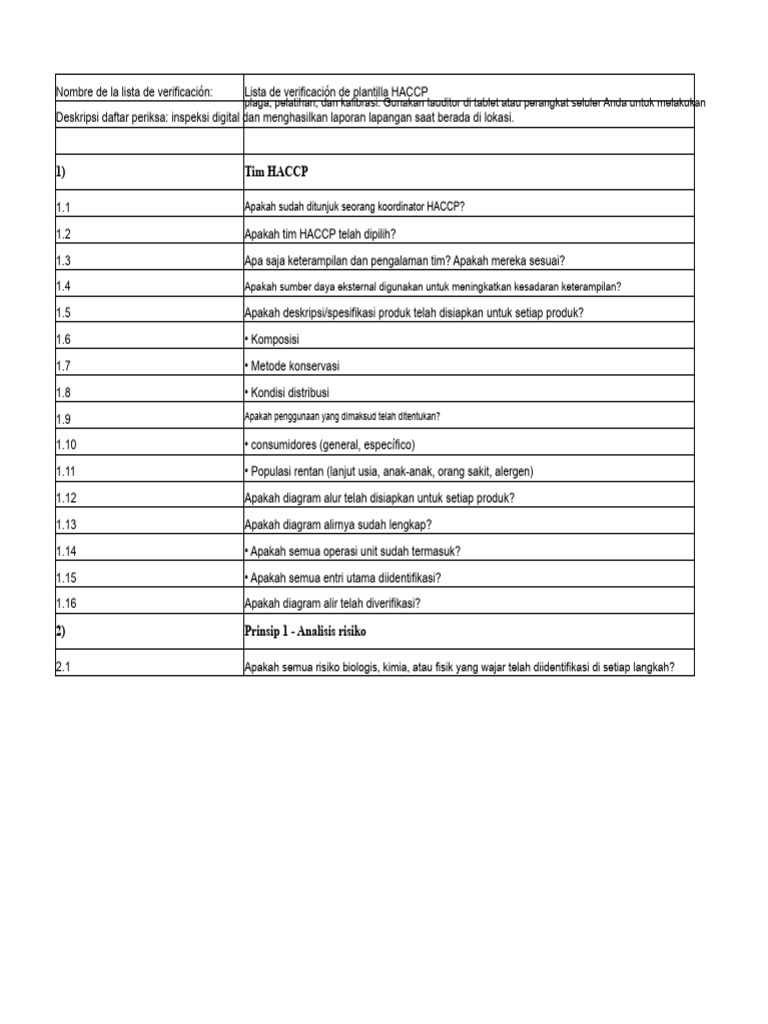 Checklist HACCP untuk Inspeksi dan Pelatihan | PDF