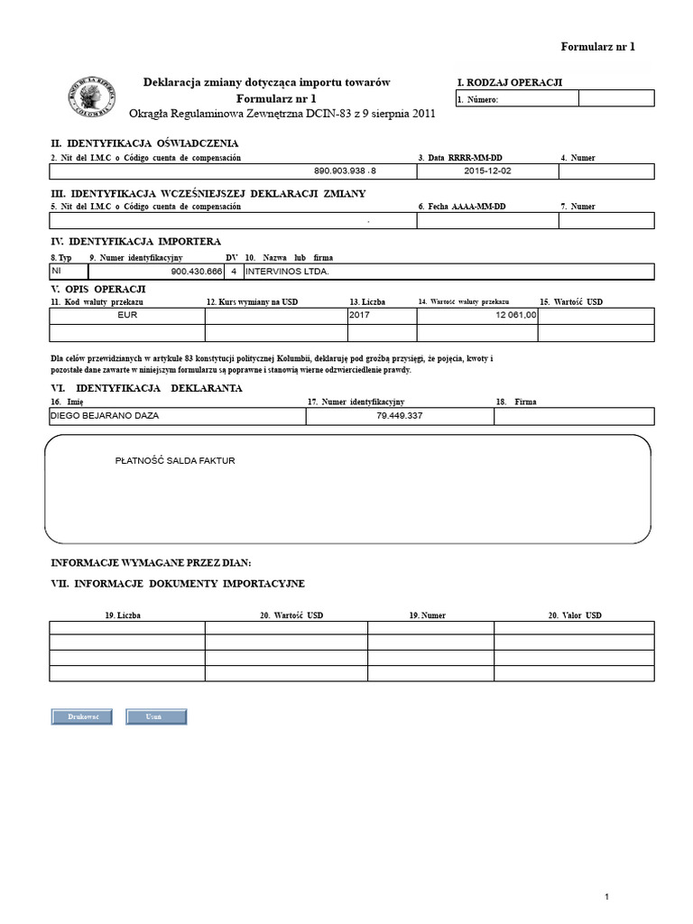 Formularz 1 - Bank Republiki. | PDF