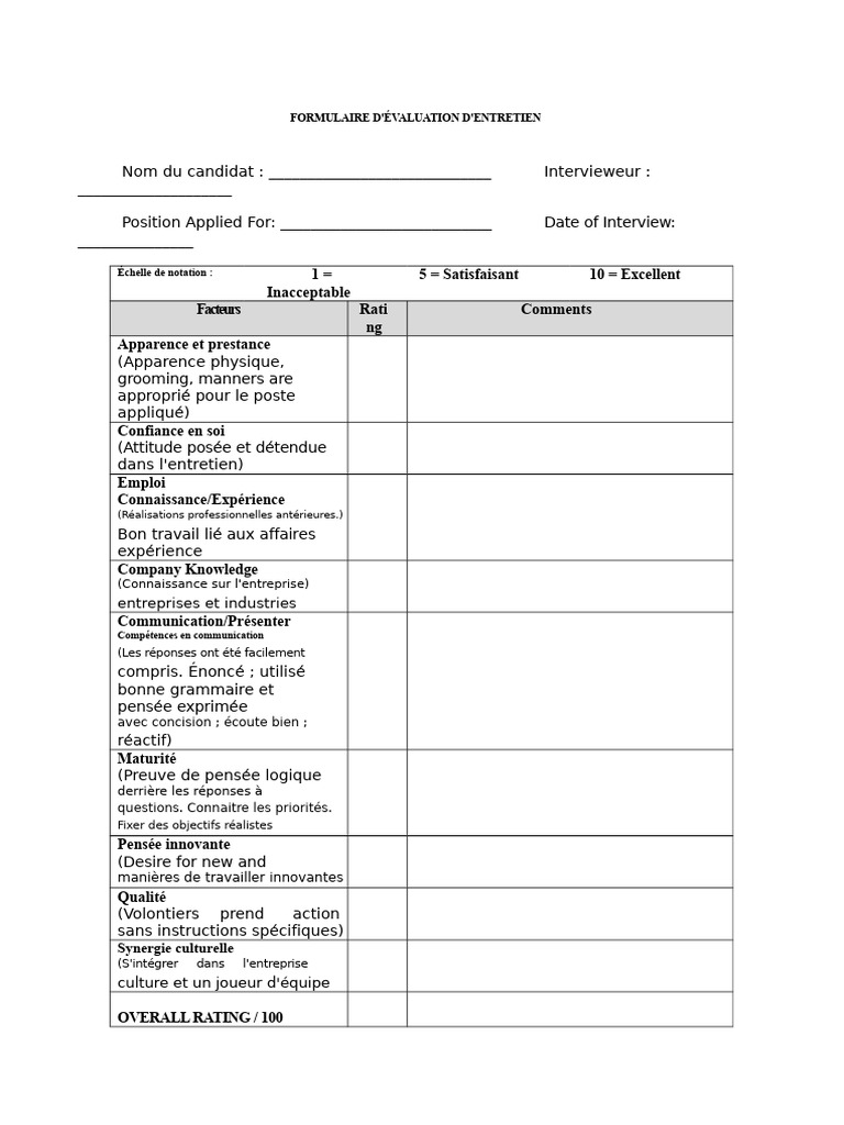 Évaluation d'entretien candidat | PDF