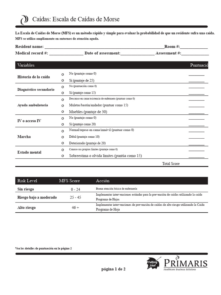 Escala de Caídas de Morse: Evaluación Rápida | PDF | Medicare (Estados ...