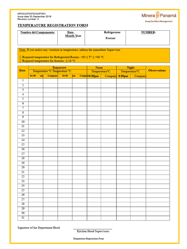 Temperature Registration Form Template | PDF