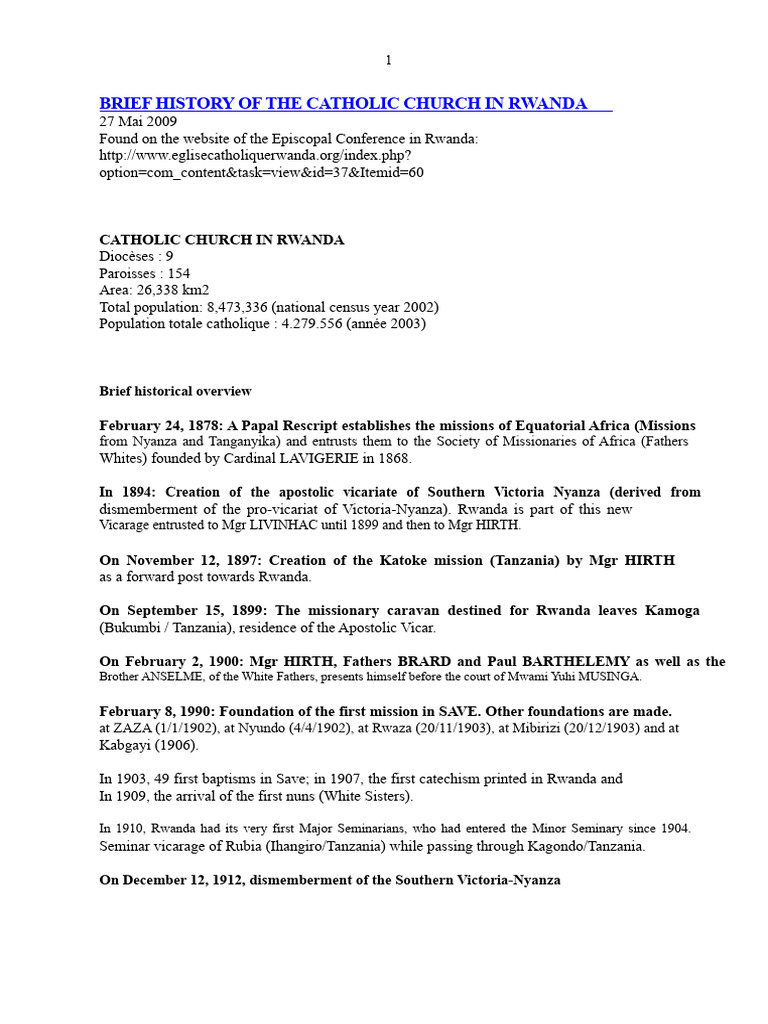 History of the Catholic Church in Rwanda | PDF | Bishop | Diocese