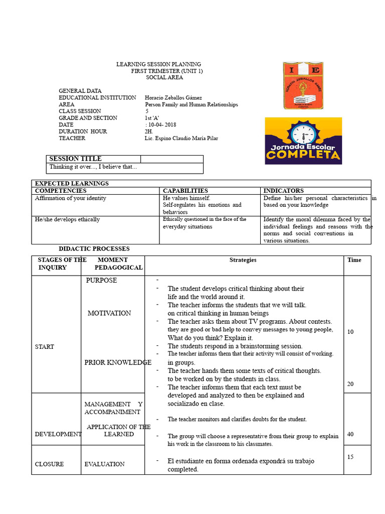 First Trimester Learning Session Plan | PDF | Critical Thinking ...