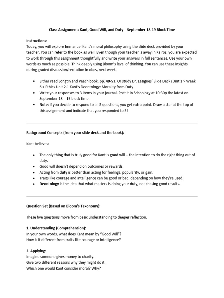 Classwork - Kant Goodwill and Duty-Revised | PDF | Immanuel Kant ...