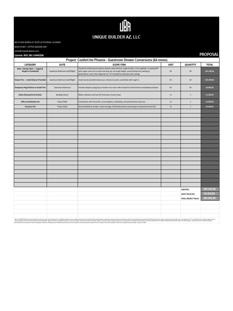 Comfort Inn Phoenix Shower Conversion Proposal | PDF