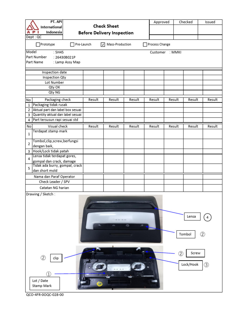 Check Sheet Before Delivery Inspection Lamp Assy Map | PDF