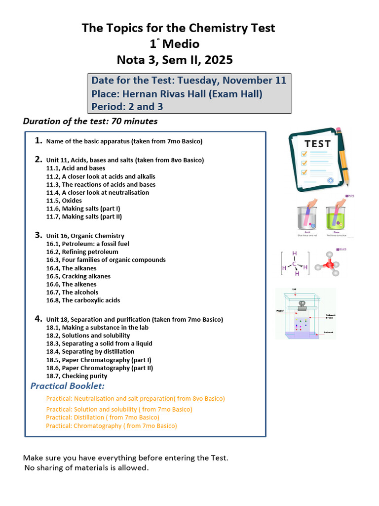 Chemistry Test Topics for 1° Medio | PDF
