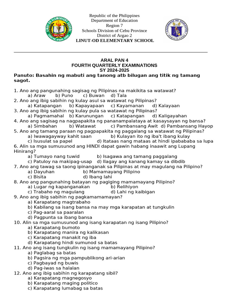Periodical Test q4 Aral Pan 4 Matatag | PDF