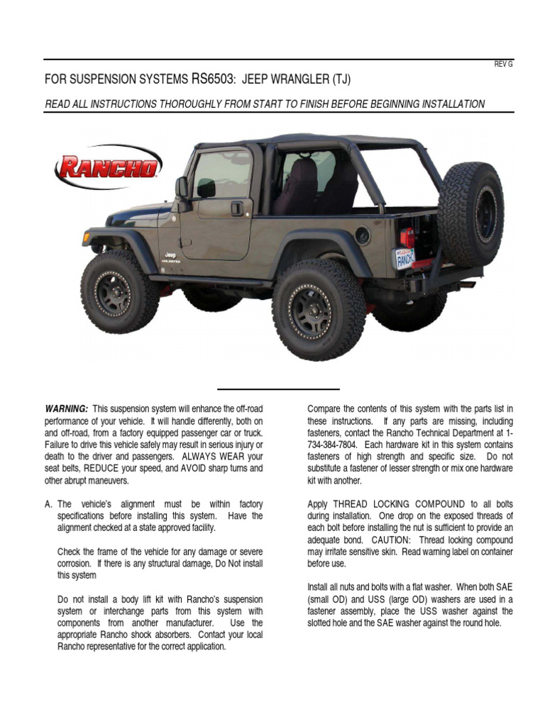 Installation Instructions RS6503 | PDF | Axle | Screw
