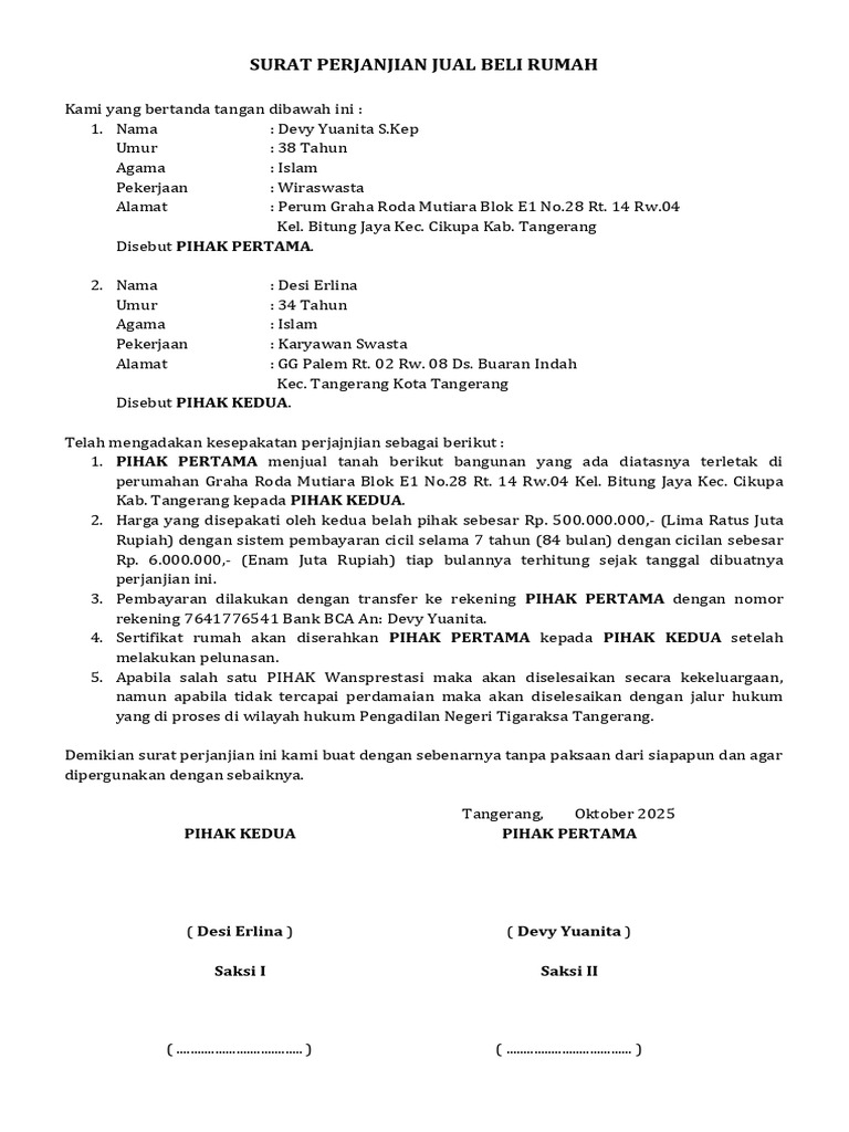Surat Perjanjian Jual Beli Rumah | PDF
