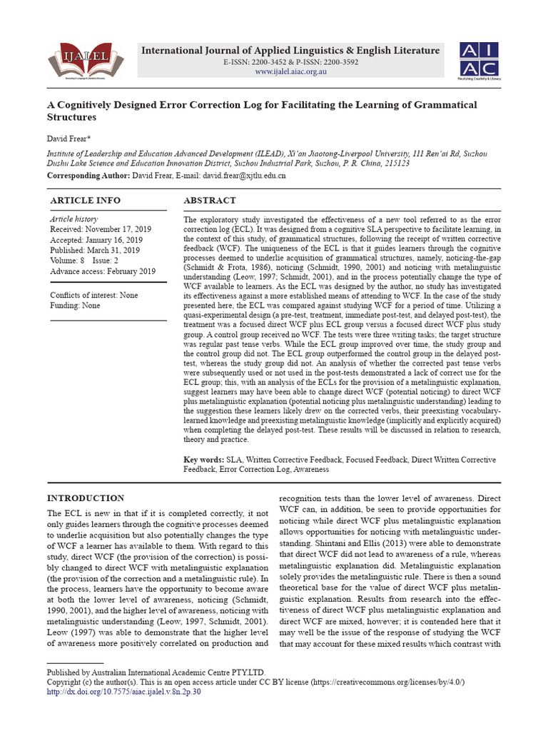 Error Correction Log for Grammar Learning | PDF | Second Language ...