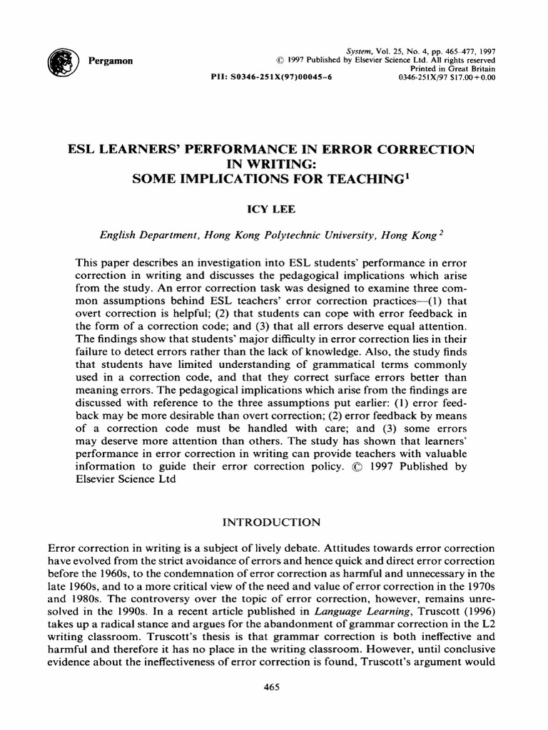 ESL Error Correction Practices Analysis | PDF | English As A Second Or ...