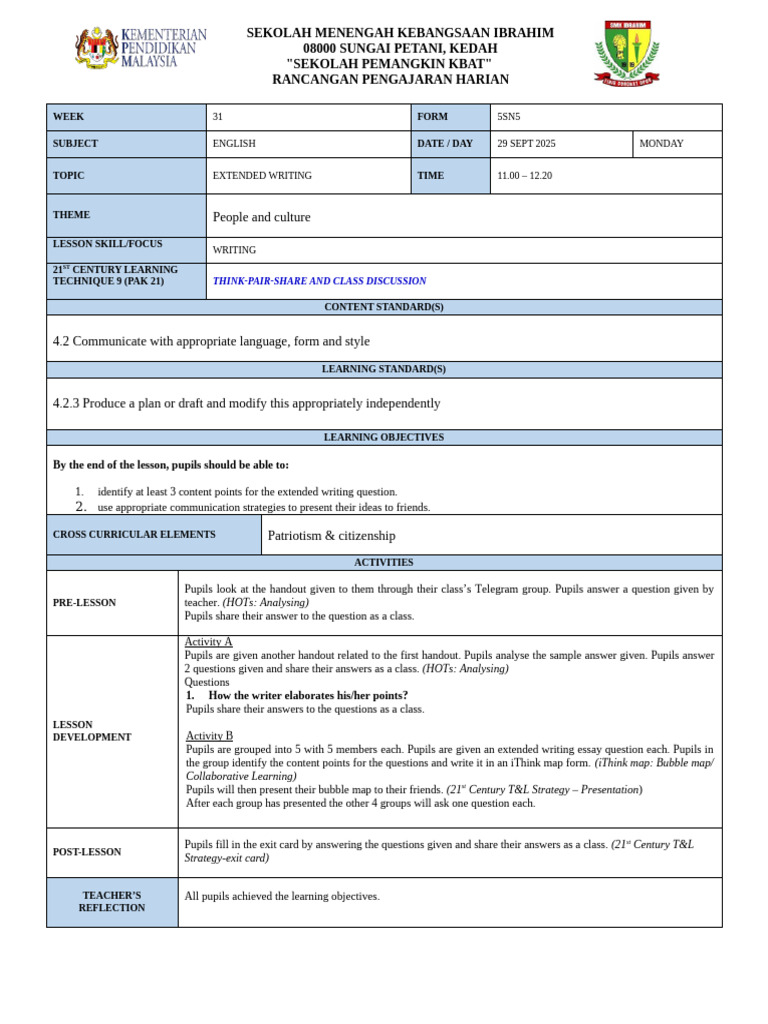 Daily Lesson Plan for English Writing | PDF | Cognition | Behavior ...