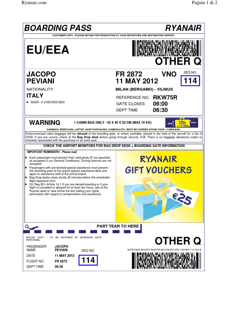 Ryanair Boarding Passes for Flights from Milan to Vilnius and Return PDF Airport Industries