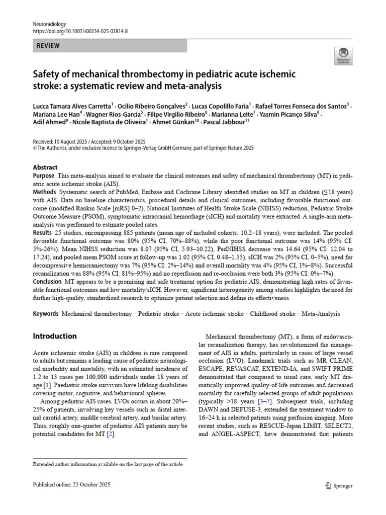 Pediatric Mechanical Thrombectomy Outcomes | PDF | Stroke | Randomized ...