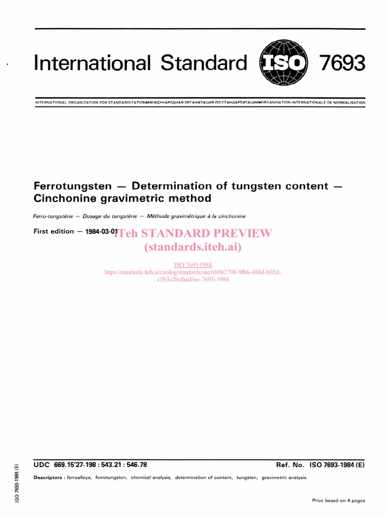 ISO 7693: Ferrotungsten Analysis Method | PDF | Filtration ...