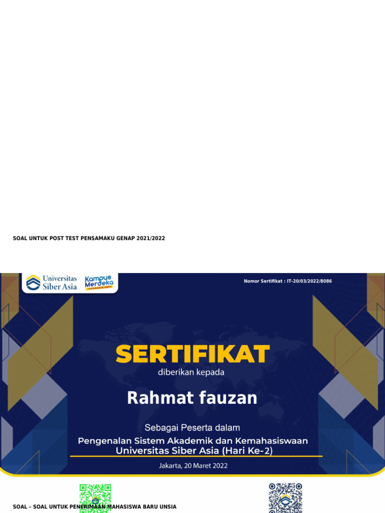 UNSIA - Sertifikat PENSAMAKU (Hari Ke-2) Rahmat Fauzan | PDF