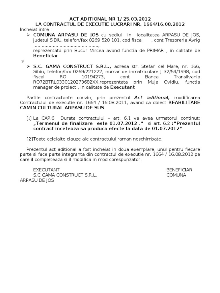 Model act aditional contract inchiriere