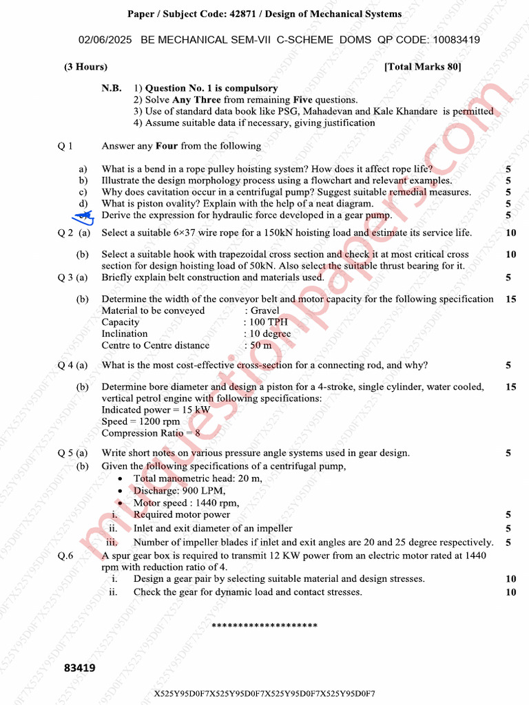 Be Mechanical Engineering Semester 7 2025 May Design of Mechanical ...