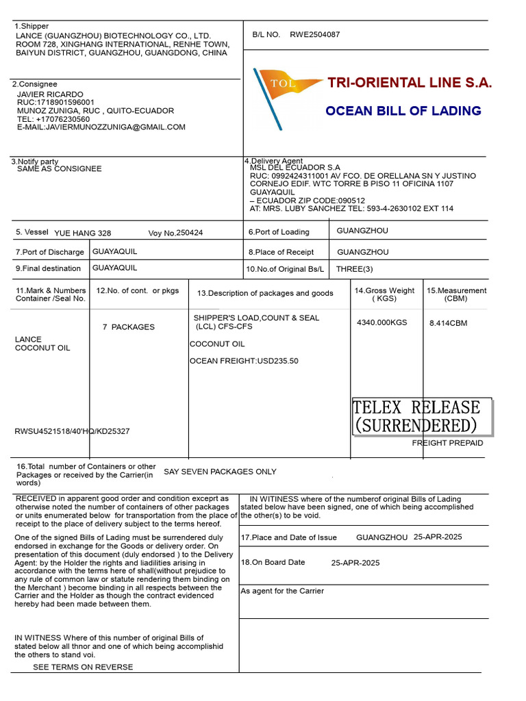Ocean Bill of Lading for Coconut Oil | PDF | Bill Of Lading | Cargo