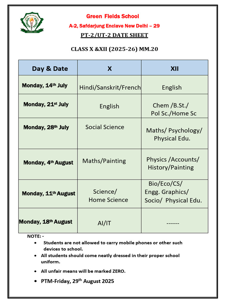 Class X & XII Date Sheet 2025-26 | PDF