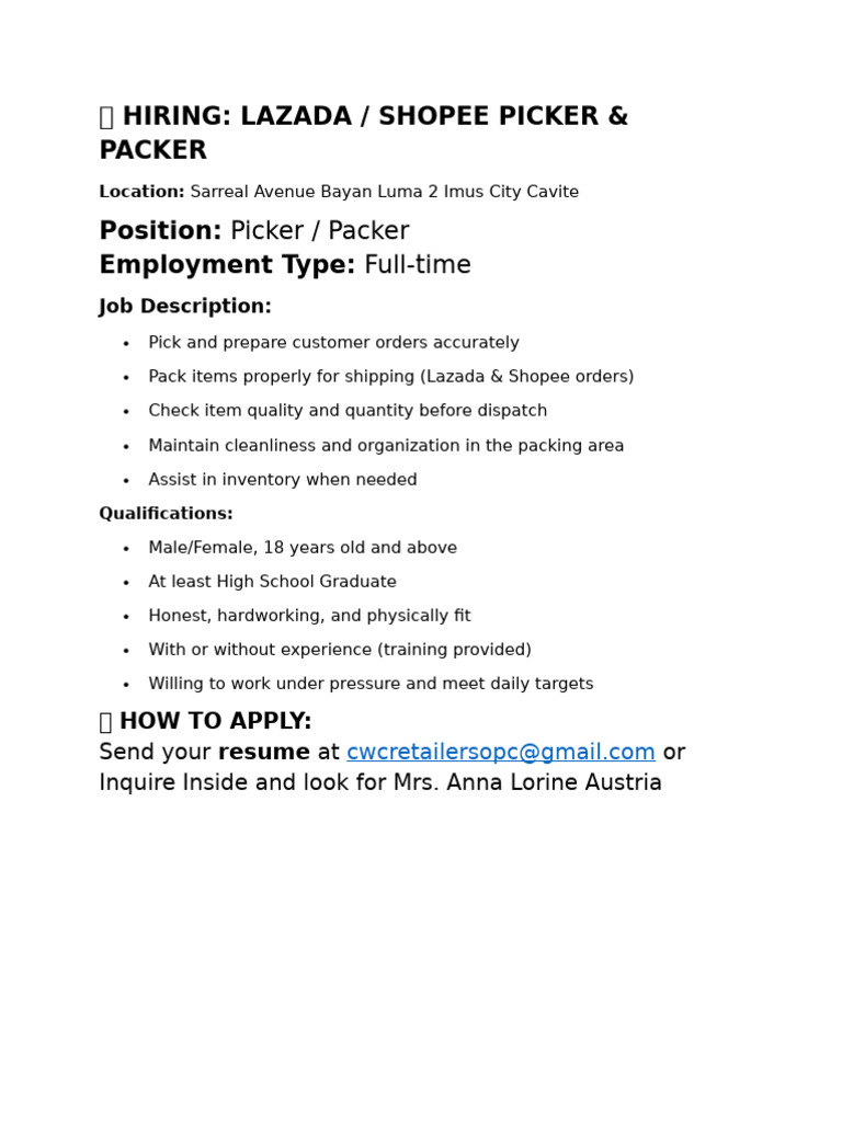 Shopee Picker & Packer Job Opening | PDF