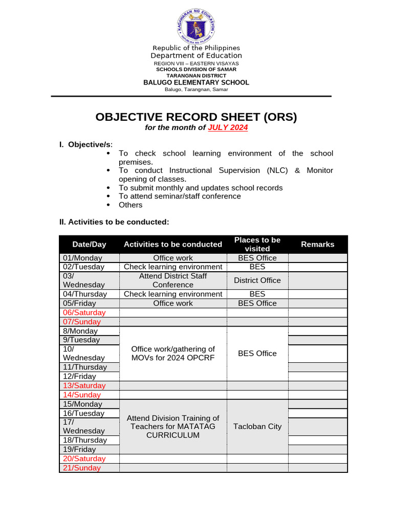 Monthly Objective Record Sheet 2024 | PDF