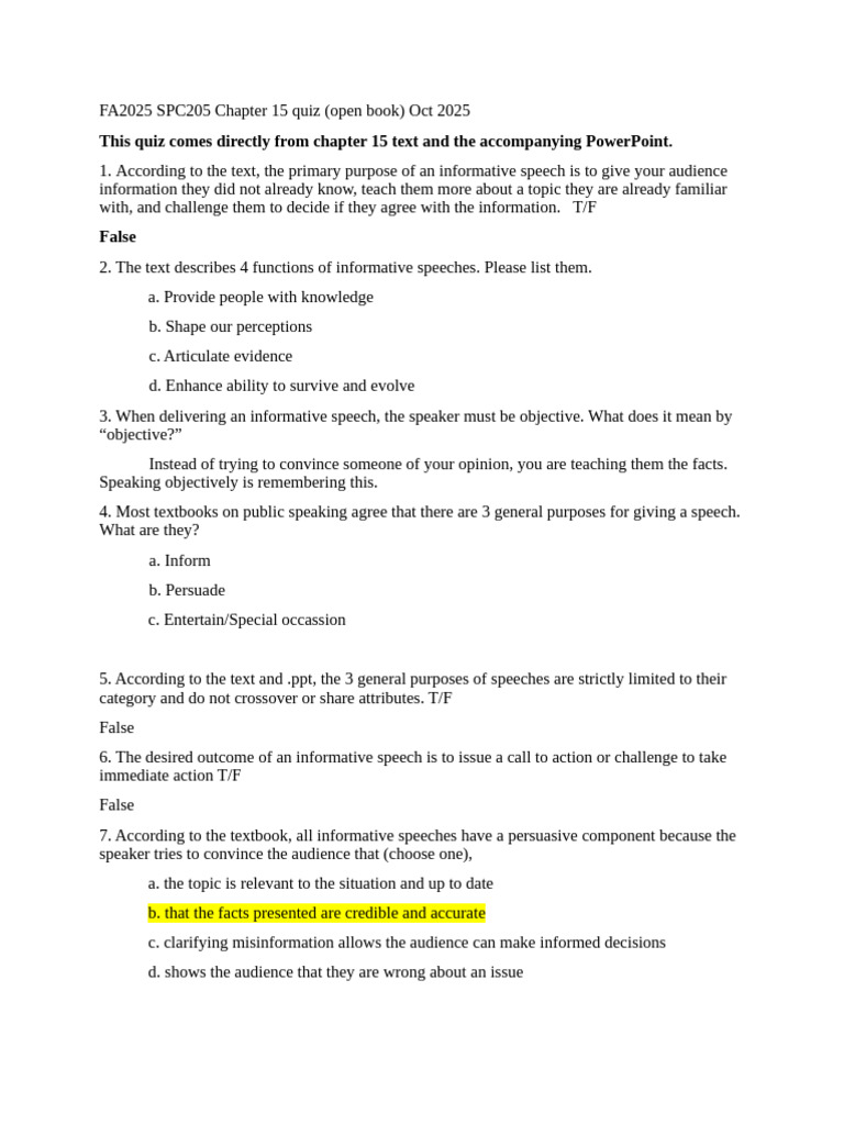 Chapter 15 Informative Speech Quiz | PDF | Credibility | Information