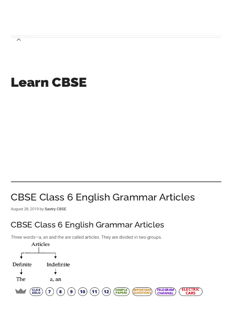 CBSE Class 6 English Grammar Articles - Learn CBSE | PDF | Meal ...