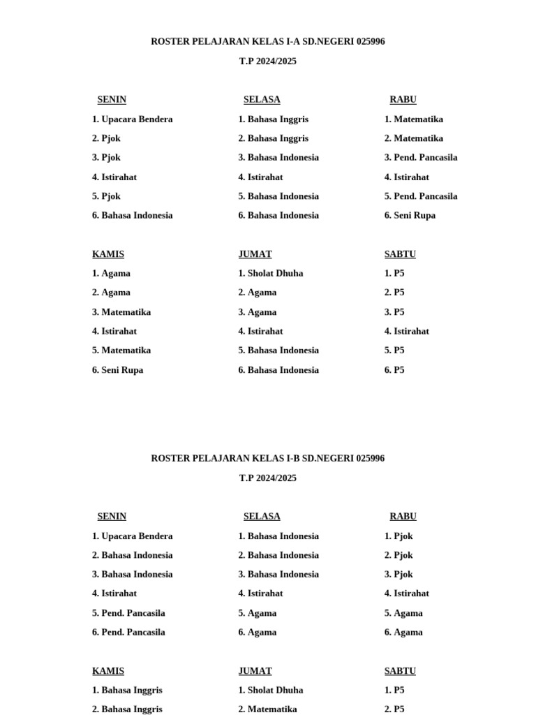 Roster Pelajaran Kelas I SD 2024/2025 | PDF