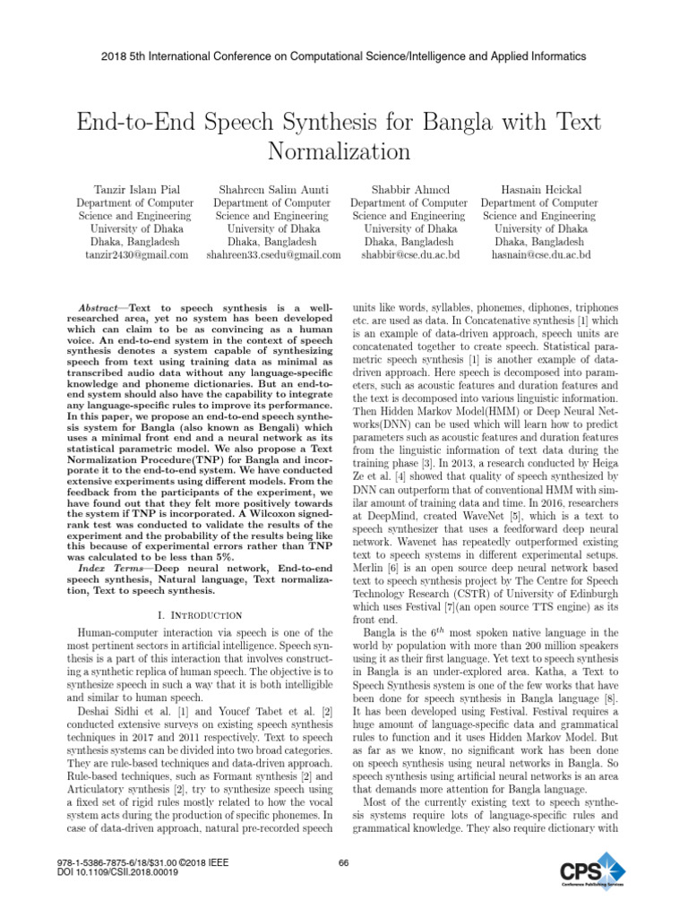 End-To-End Speech Synthesis For Bangla With Text Normalization | PDF