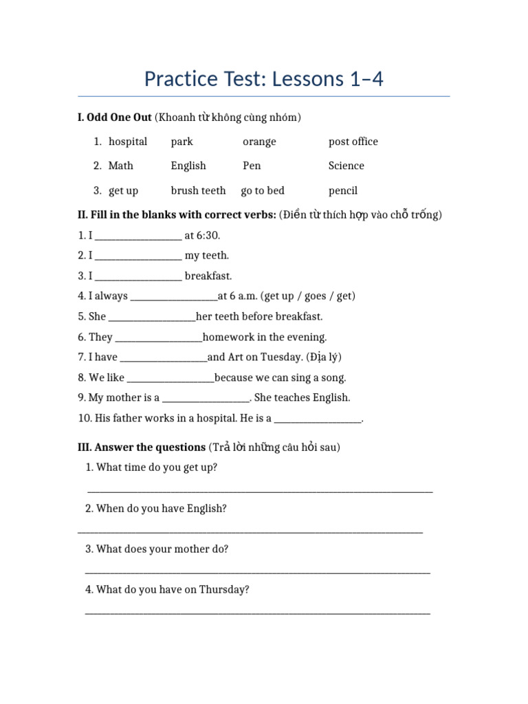 ESL Practice Test: Lessons 1-4 | PDF