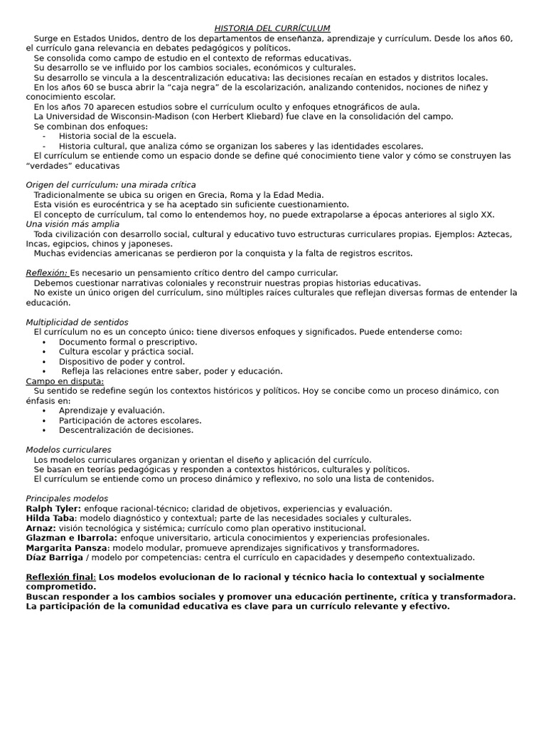 Evolución y Enfoques del Currículum Educativo | PDF | Plan de estudios ...