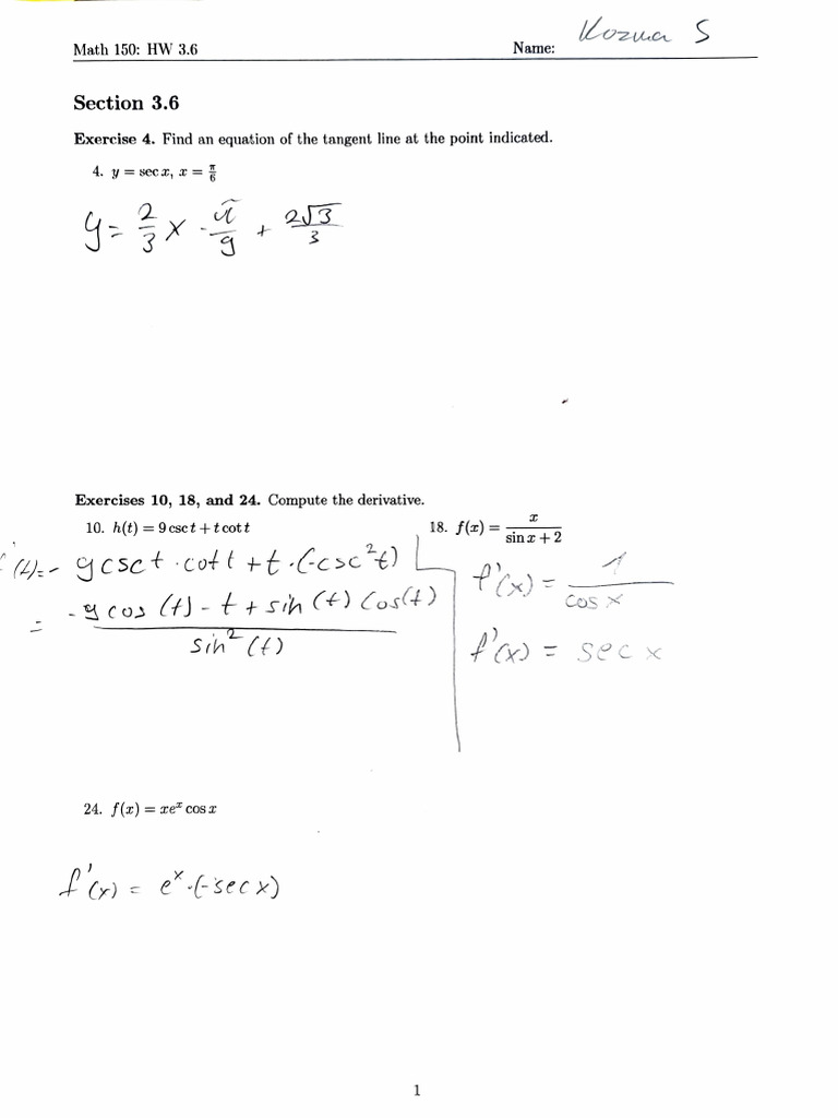 Math 150: Tangent Line & Derivatives Exercises | PDF