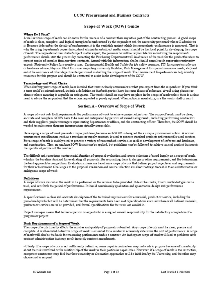 Scope Of Work Sow Guide Ucsc Procurement And Business Contracts