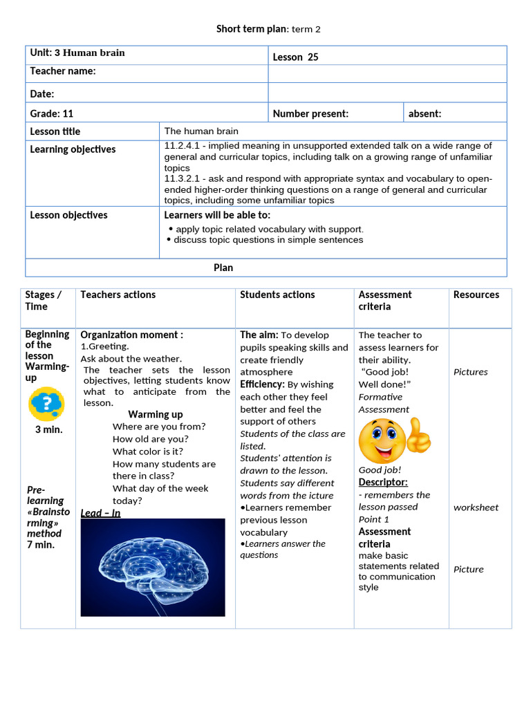 Human Brain Lesson Plans for Grade 11 | PDF | Curriculum | Vocabulary