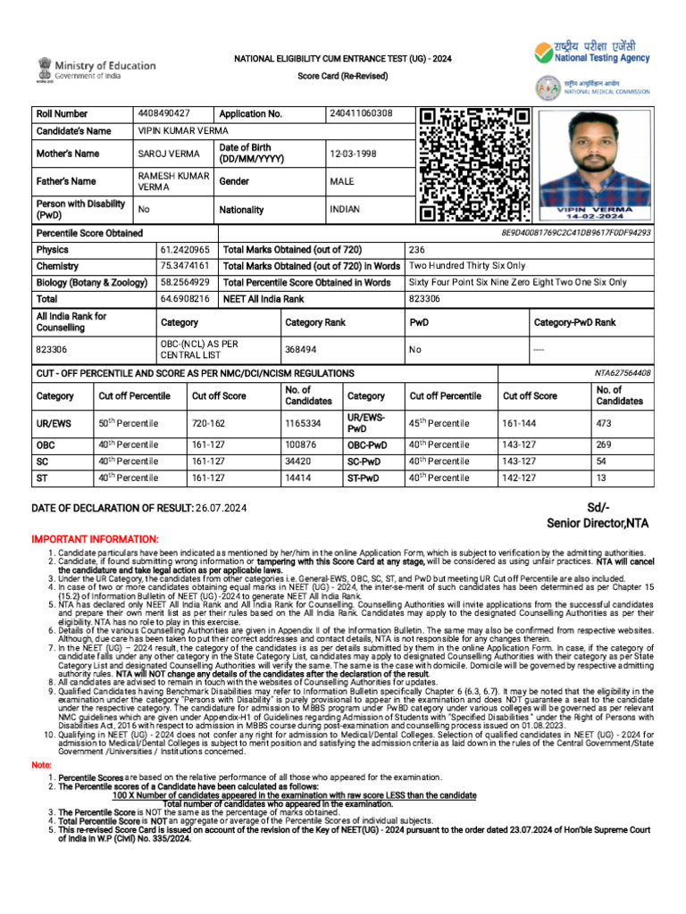 Neet - Ntaonline.in Frontend Web Re-revised25july-Scorecard Score-Card ...